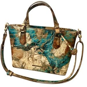 Brahmin Designer Croc Embossed Teal & Beige Taupe Bird of Paradise Crossbody